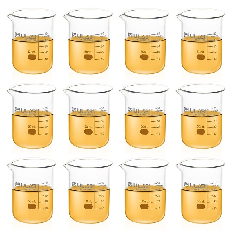 ULAB Scientific Glass Beakers Shot Glass, Vol. 50ml, 3.3 Borosilicate Griffin Low Form with Printed Graduation, Pack of 12, UBG1013 - Image 1
